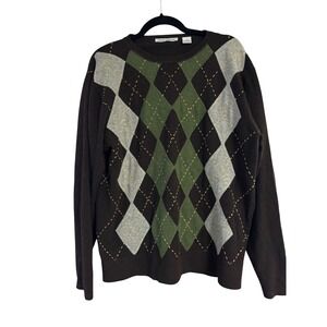 Autumn Cashmere Mens 100% Pure Cashmere Argyle Crewneck Sweater Brown Green L